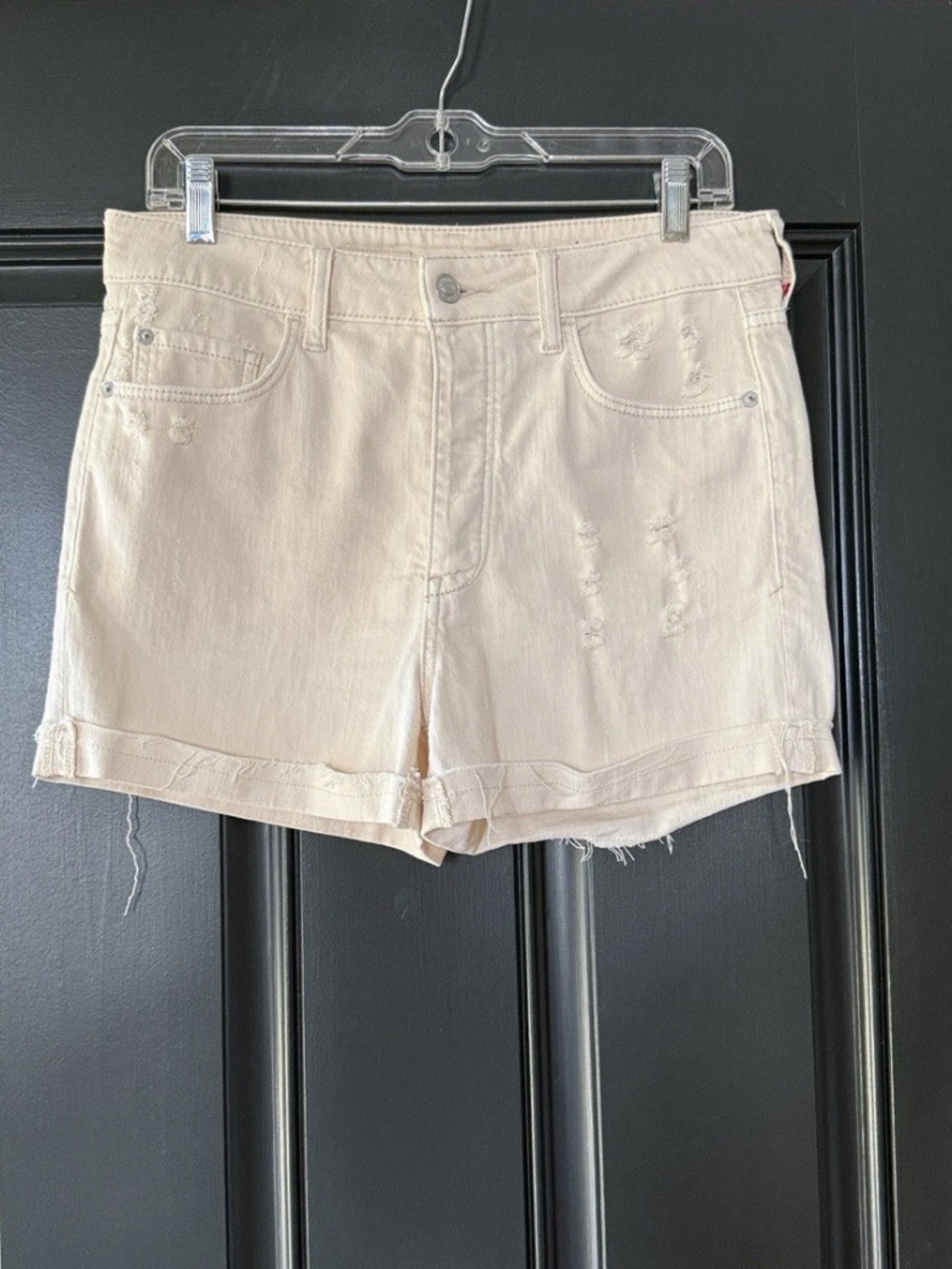 Anthropologie Pilcro Cream Button Fly High Rise Distressed Jean Shorts Waist 29